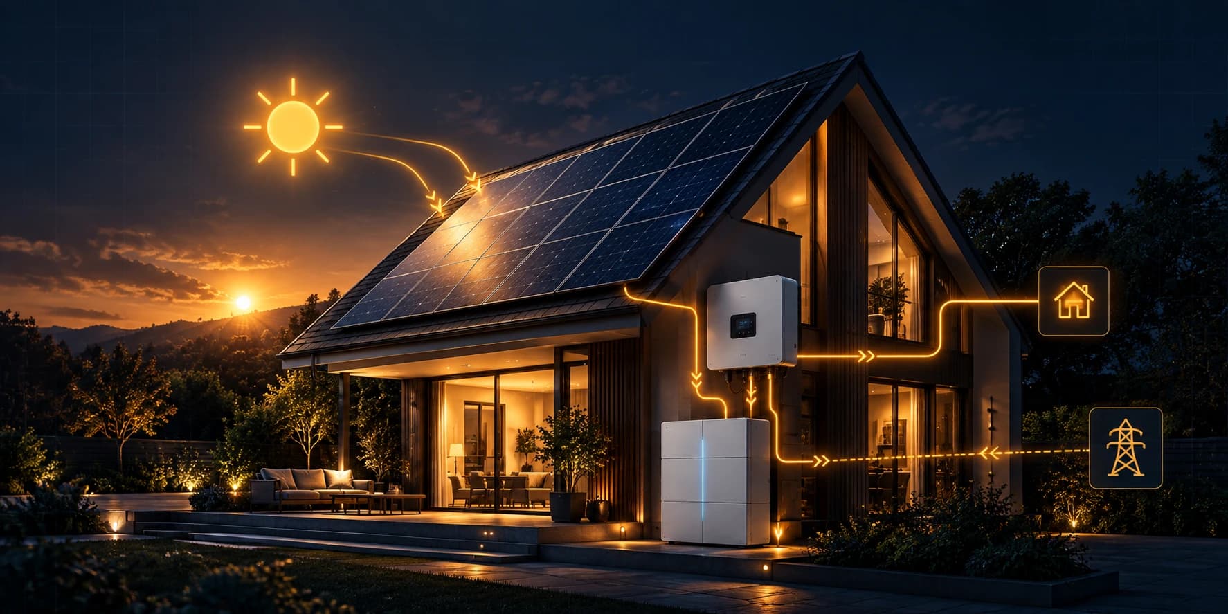 Будинок із сонячними панелями, інвертором та акумулятором Solar-JTRI